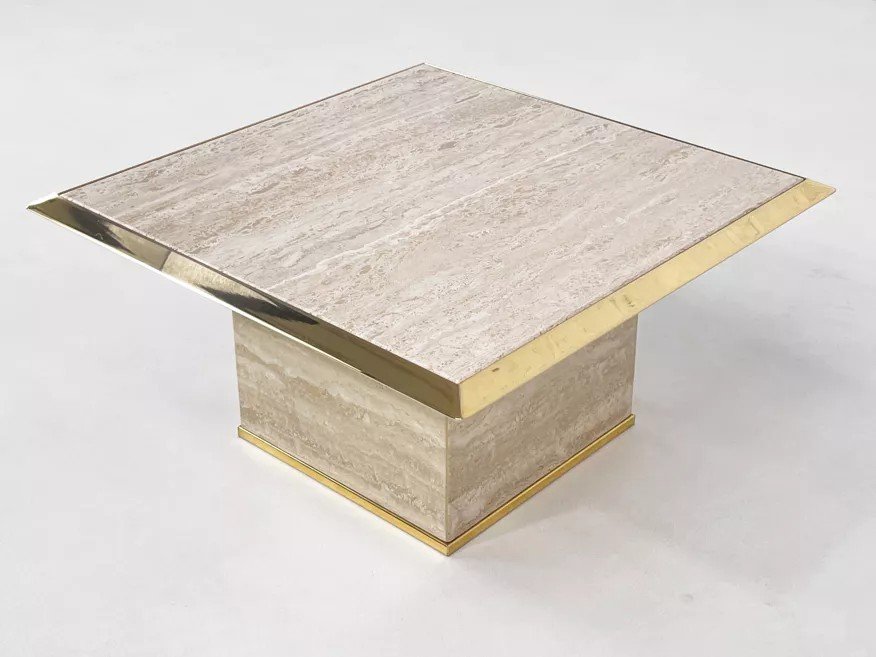 70s Square Coffee Table In Travertine And Brass-photo-7