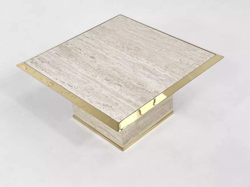 70s Square Coffee Table In Travertine And Brass-photo-8