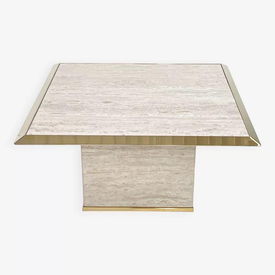 70s Square Coffee Table In Travertine And Brass