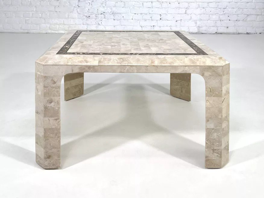 70s - 80s Square Coffee Table In Stone And Brass Marquetry-photo-4