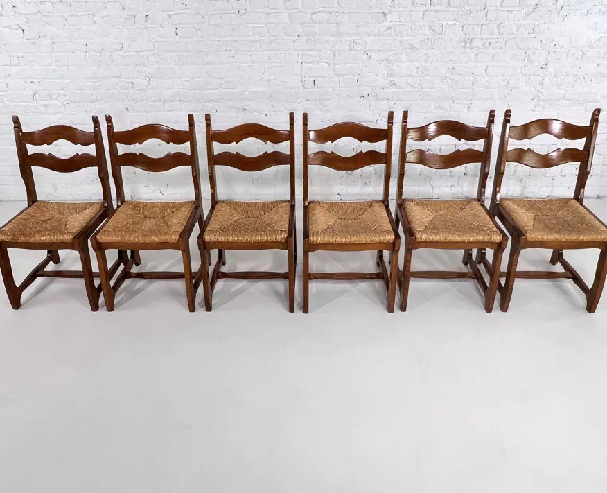 Lot De 6 Chaises Des Années 50 En Bois Et Paille-photo-2