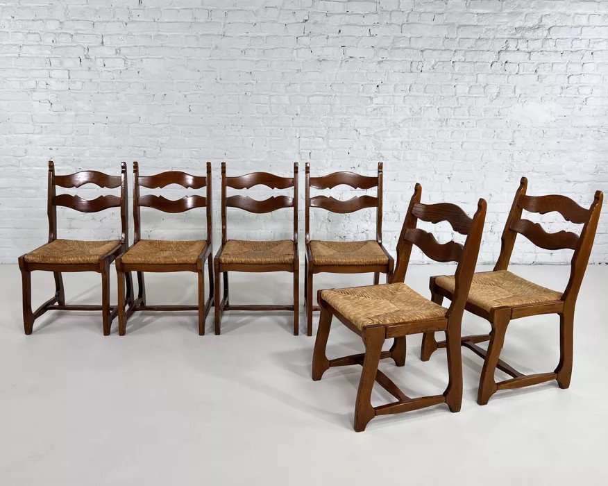 Lot De 6 Chaises Des Années 50 En Bois Et Paille-photo-2