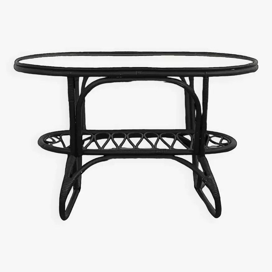 Black Rattan And Glass Coffee Table-photo-3