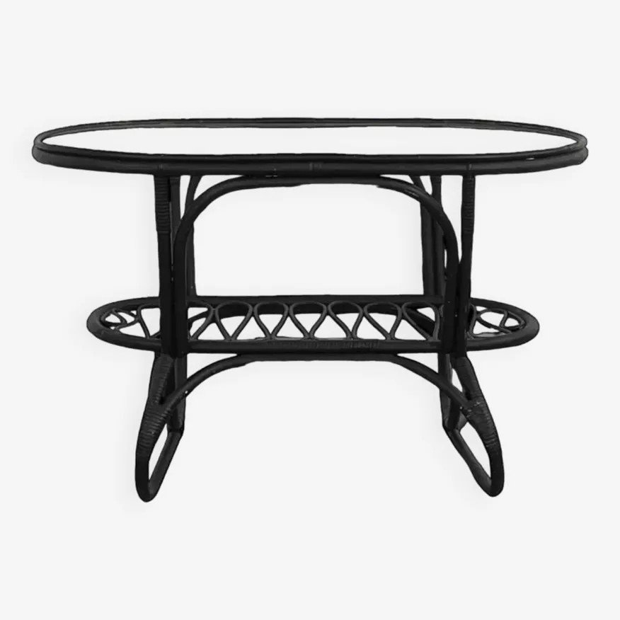 Black Rattan And Glass Coffee Table-photo-4