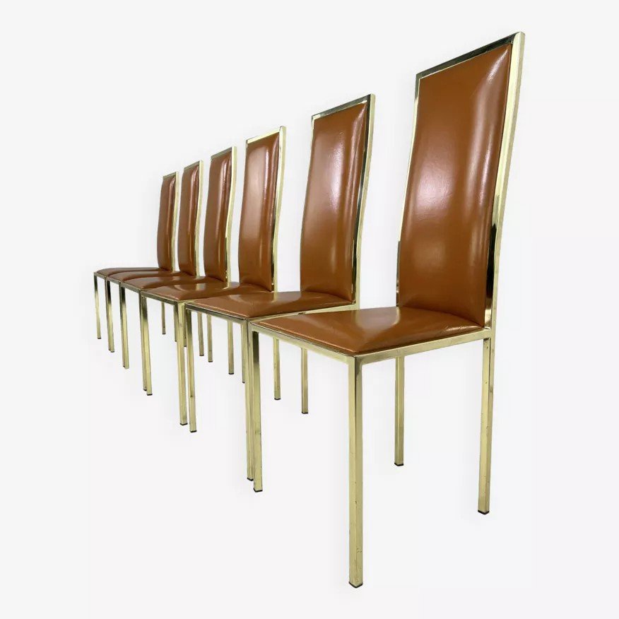 Suite De 6 Chaises Laiton Et Cuir Design Italien Des Années 70 Par Renato Zevi-photo-2