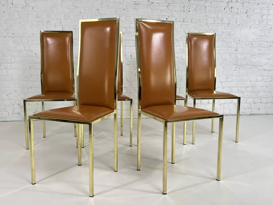 Suite De 6 Chaises Laiton Et Cuir Design Italien Des Années 70 Par Renato Zevi-photo-1