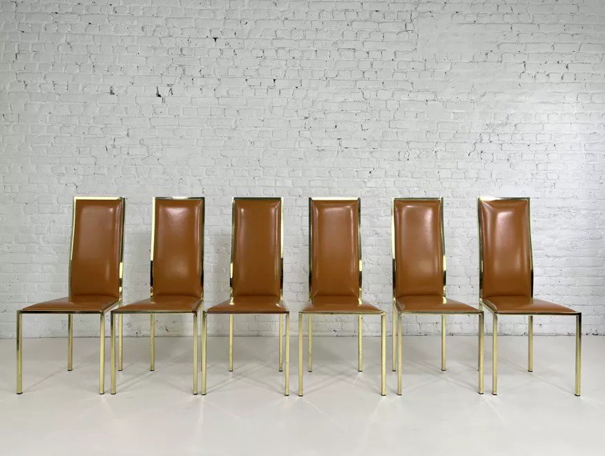 Suite De 6 Chaises Laiton Et Cuir Design Italien Des Années 70 Par Renato Zevi-photo-2