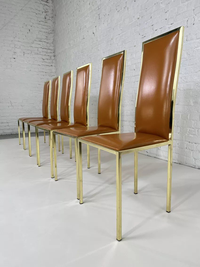 Suite De 6 Chaises Laiton Et Cuir Design Italien Des Années 70 Par Renato Zevi-photo-3