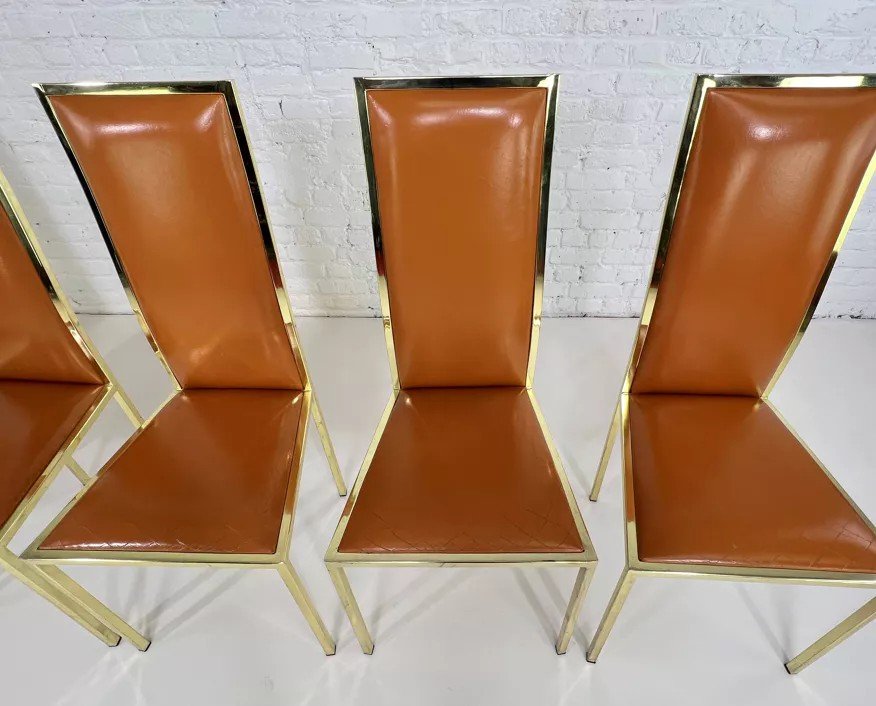 Suite De 6 Chaises Laiton Et Cuir Design Italien Des Années 70 Par Renato Zevi-photo-5