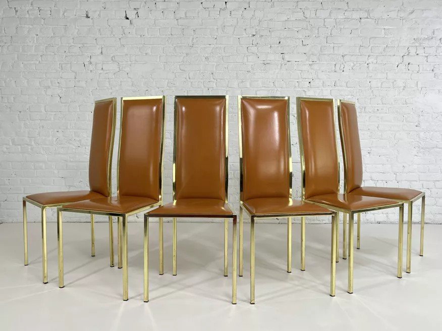 Suite De 6 Chaises Laiton Et Cuir Design Italien Des Années 70 Par Renato Zevi-photo-6