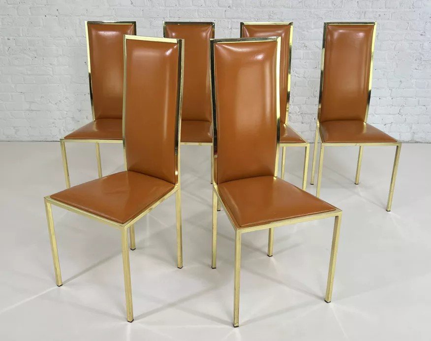 Suite De 6 Chaises Laiton Et Cuir Design Italien Des Années 70 Par Renato Zevi-photo-8