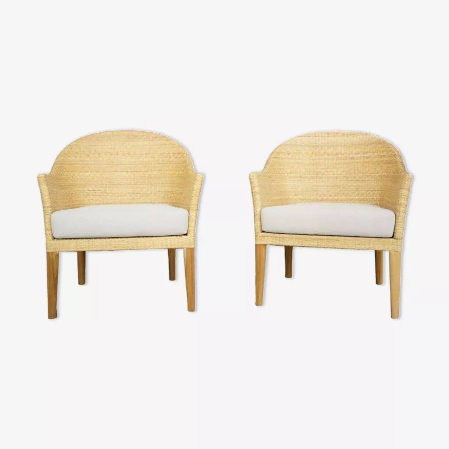 Pair Of Teak And Rattan Armchairs