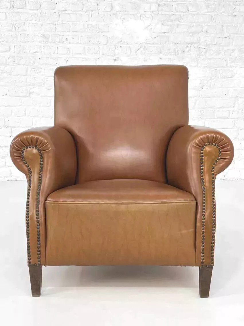 50s Club Armchair In Faux Leather And Wood-photo-2