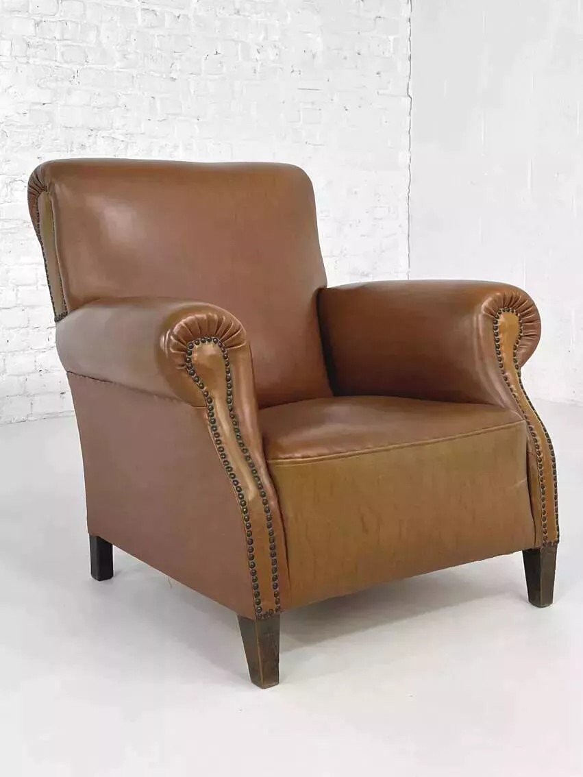 50s Club Armchair In Faux Leather And Wood-photo-4