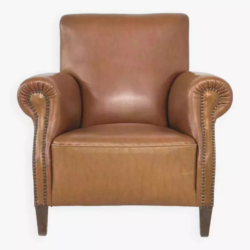 50s Club Armchair In Faux Leather And Wood-photo-1