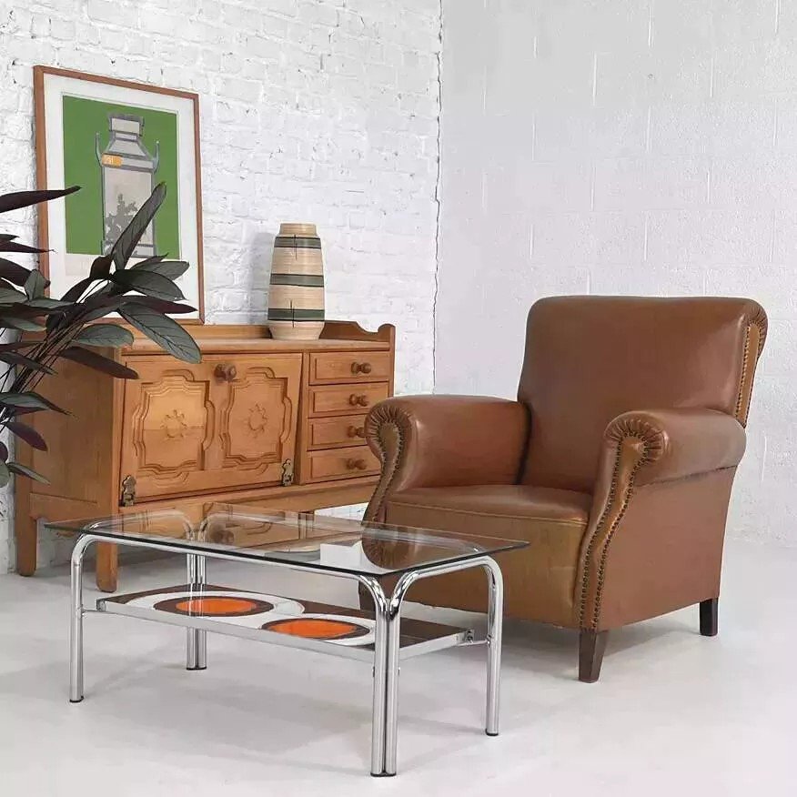 50s Club Armchair In Faux Leather And Wood-photo-5