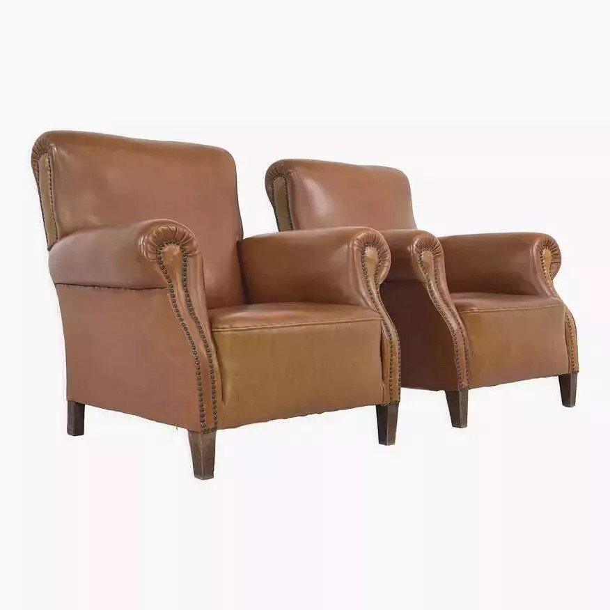 Pair Of 50s Club Armchairs In Faux Leather And Wood-photo-2