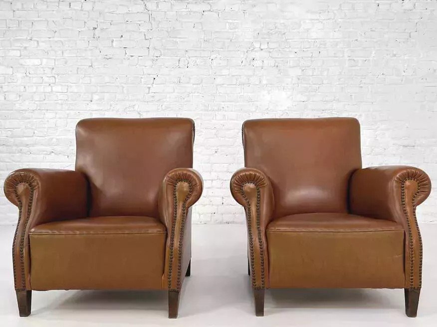 Pair Of 50s Club Armchairs In Faux Leather And Wood-photo-4