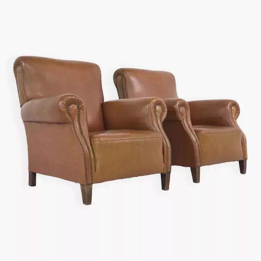 Pair Of 50s Club Armchairs In Faux Leather And Wood-photo-8