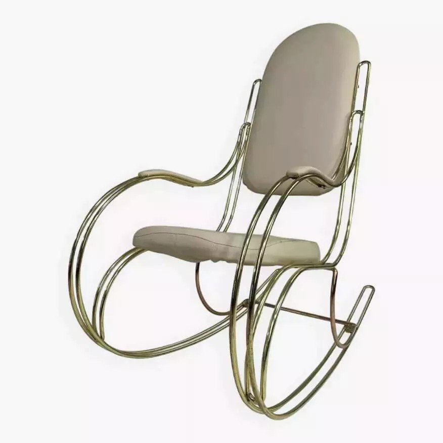 60s Rocking Chair In Brass And Ecru Faux Leather-photo-3