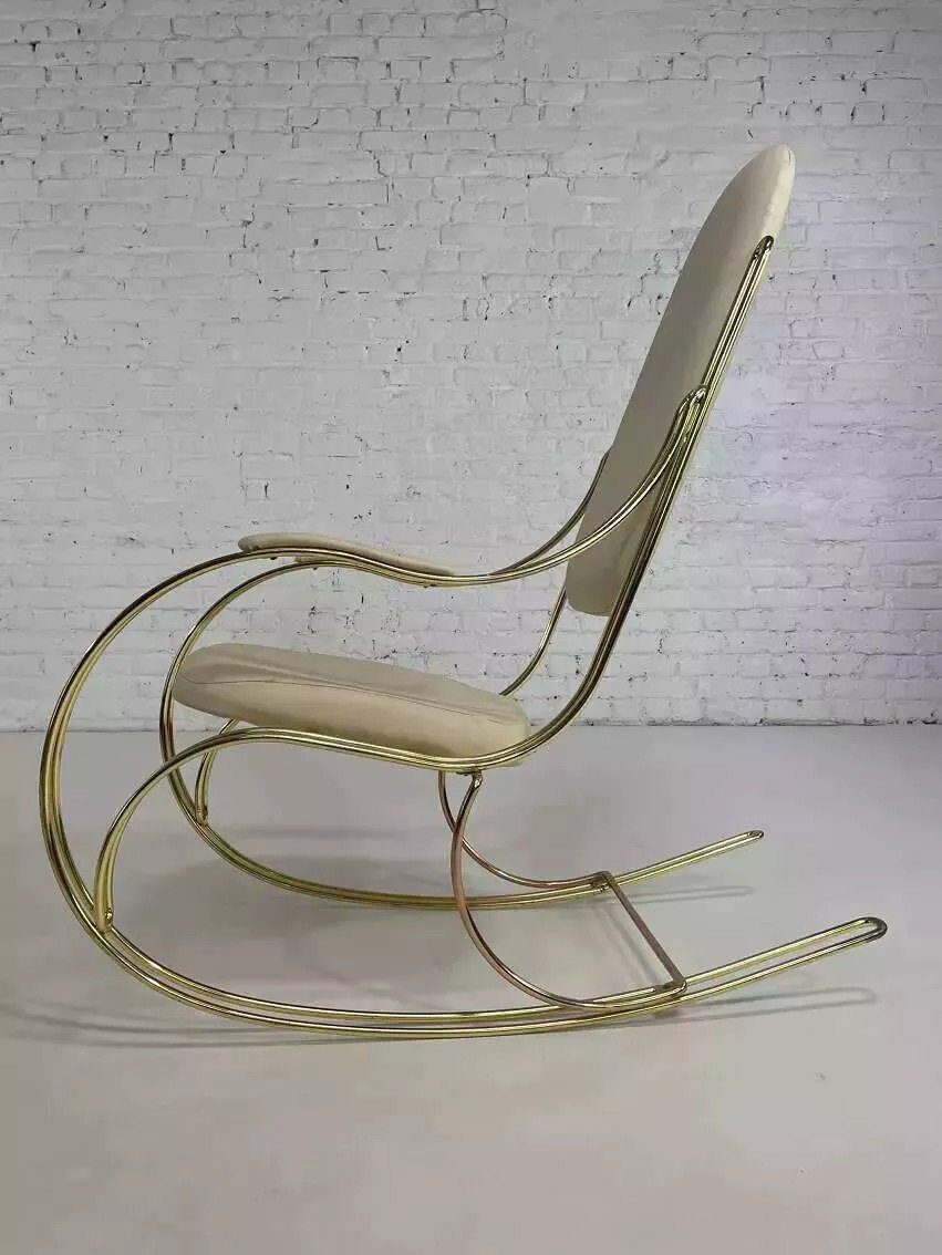 60s Rocking Chair In Brass And Ecru Faux Leather-photo-2