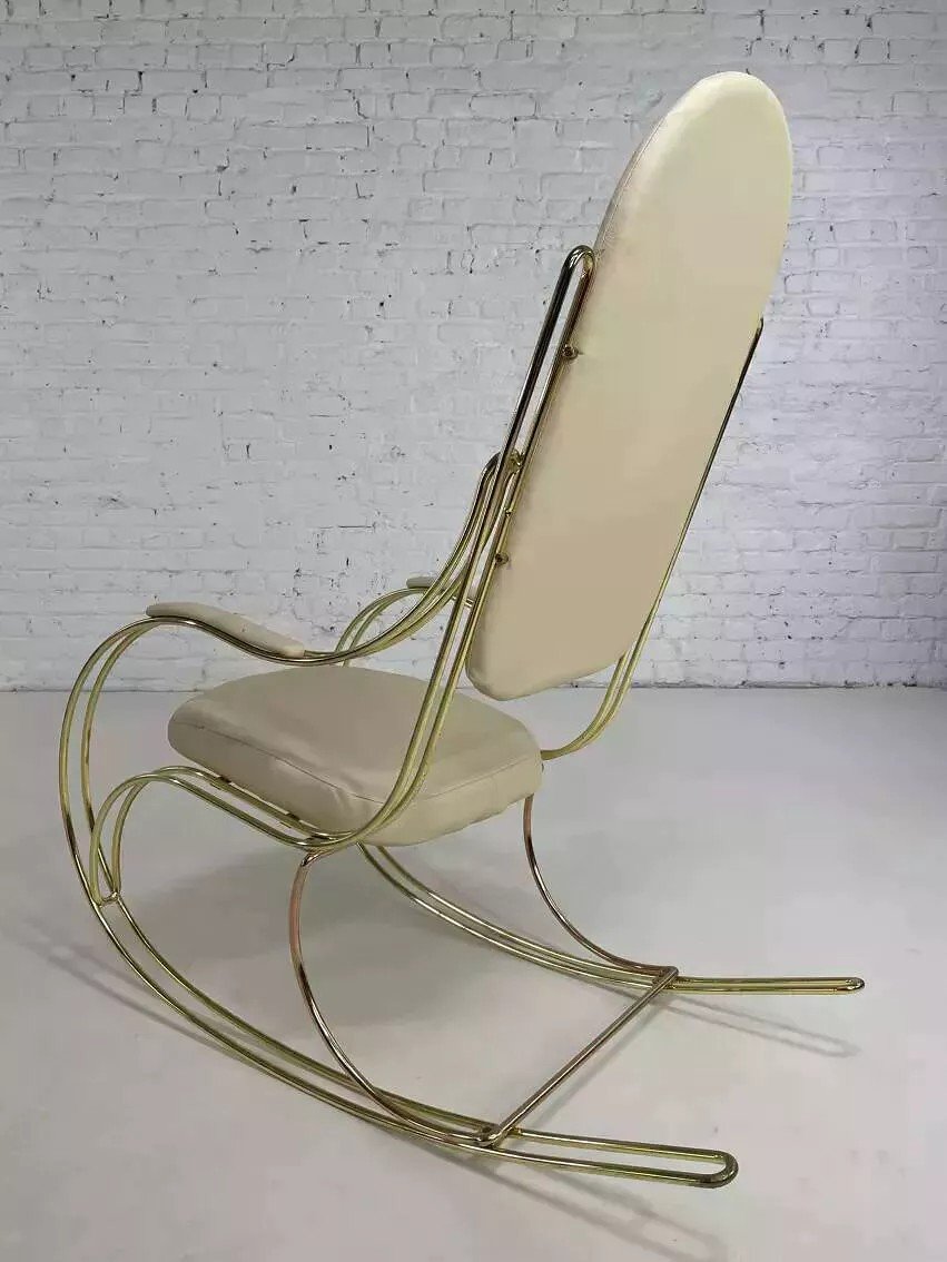 60s Rocking Chair In Brass And Ecru Faux Leather-photo-4