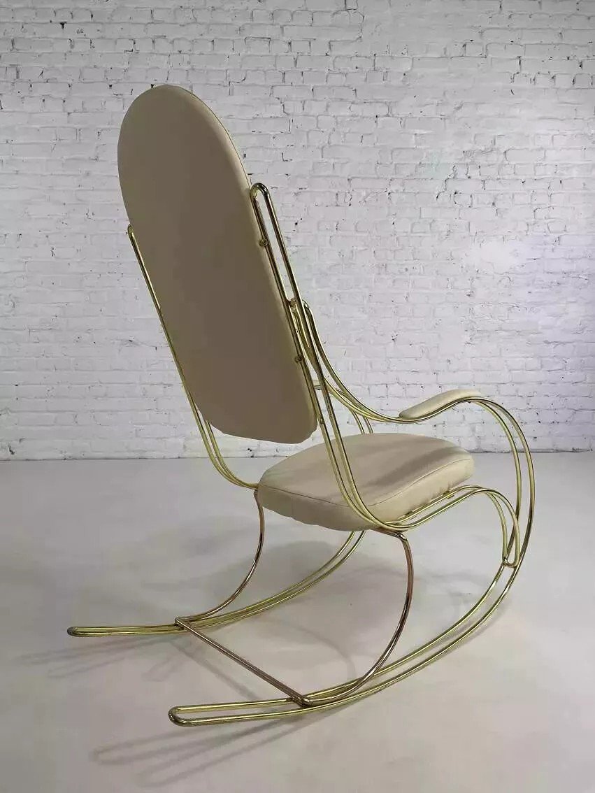 60s Rocking Chair In Brass And Ecru Faux Leather-photo-6