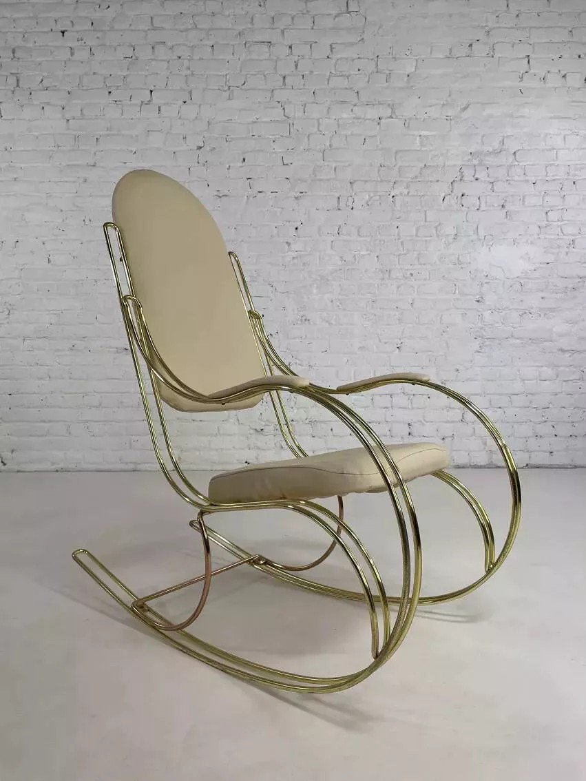 60s Rocking Chair In Brass And Ecru Faux Leather-photo-8