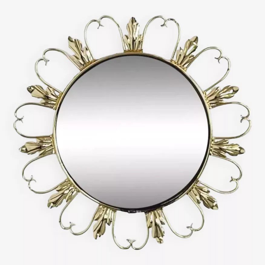 Round Mirror On Brass Frame With Scrolls-photo-7