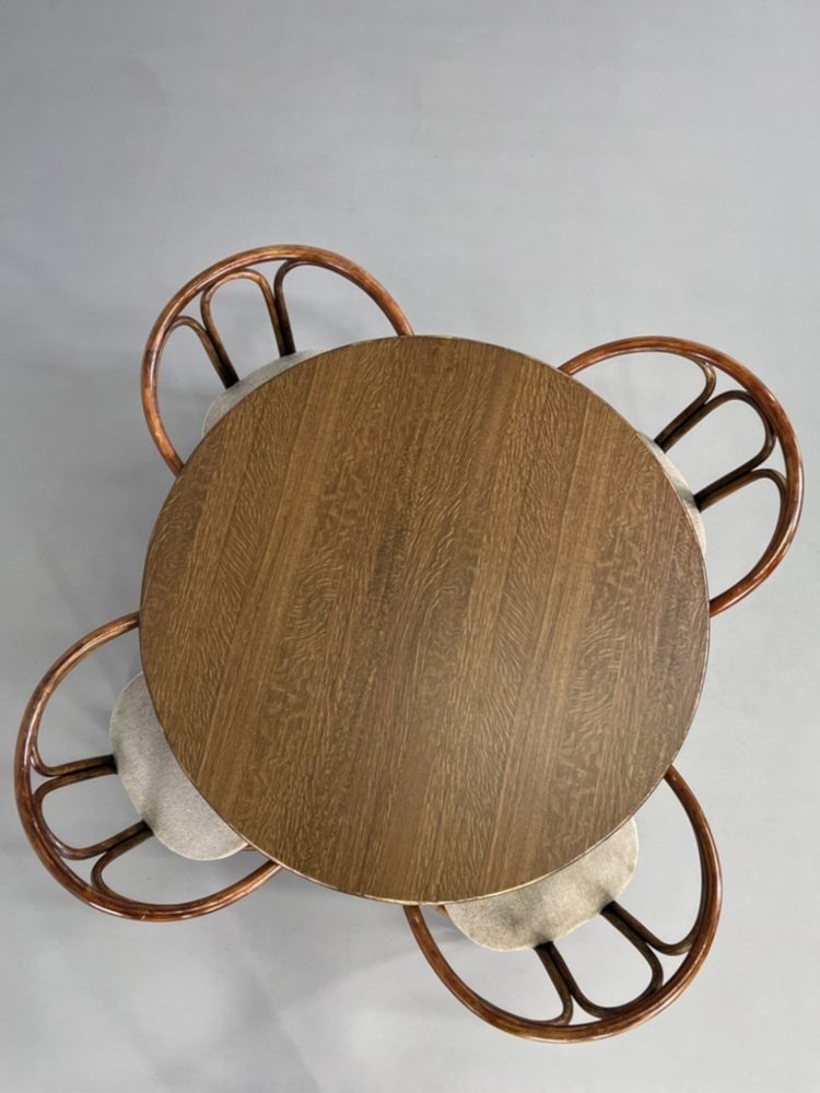 Round Oak Dining Table And Rattan Armchairs, Set Of 5-photo-4