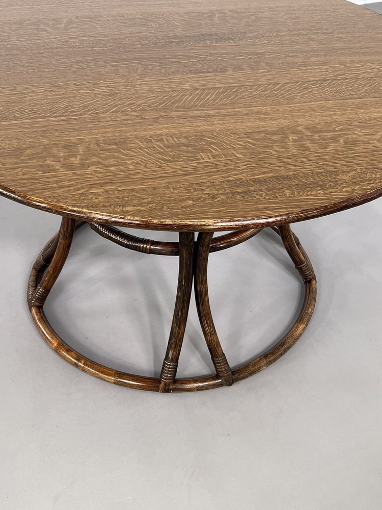 Round Oak Dining Table And Rattan Armchairs, Set Of 5-photo-5