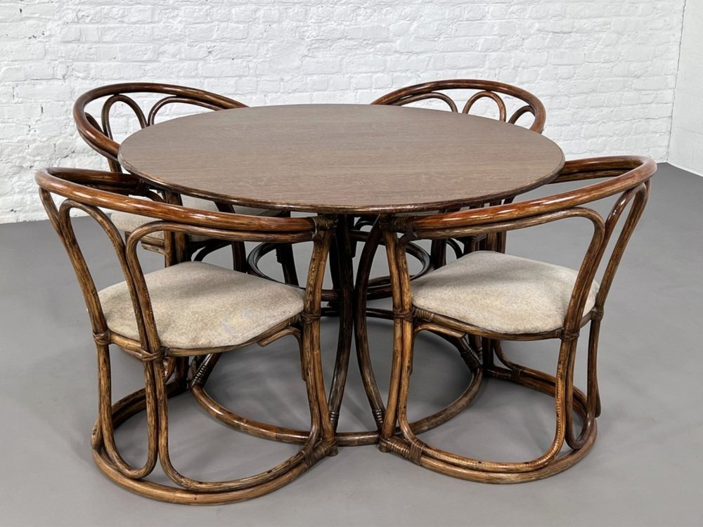 Round Oak Dining Table And Rattan Armchairs, Set Of 5