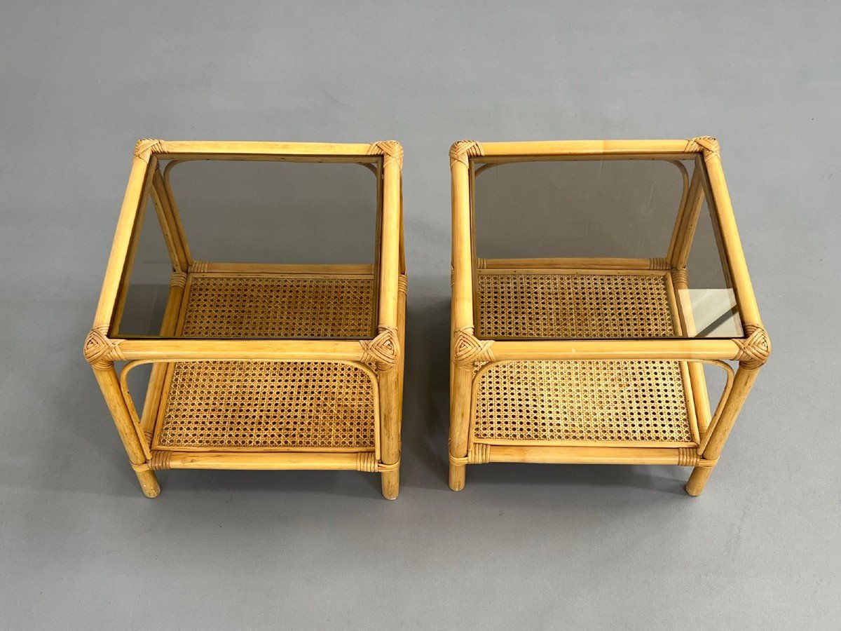 Tables De Bout En Rotin, Cannage Et Verre Fumé, 1960s, Set De 2-photo-2