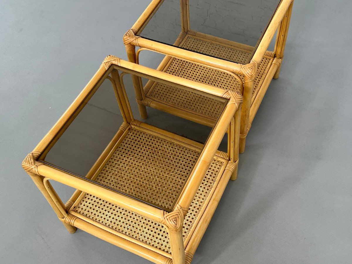 Tables De Bout En Rotin, Cannage Et Verre Fumé, 1960s, Set De 2-photo-1