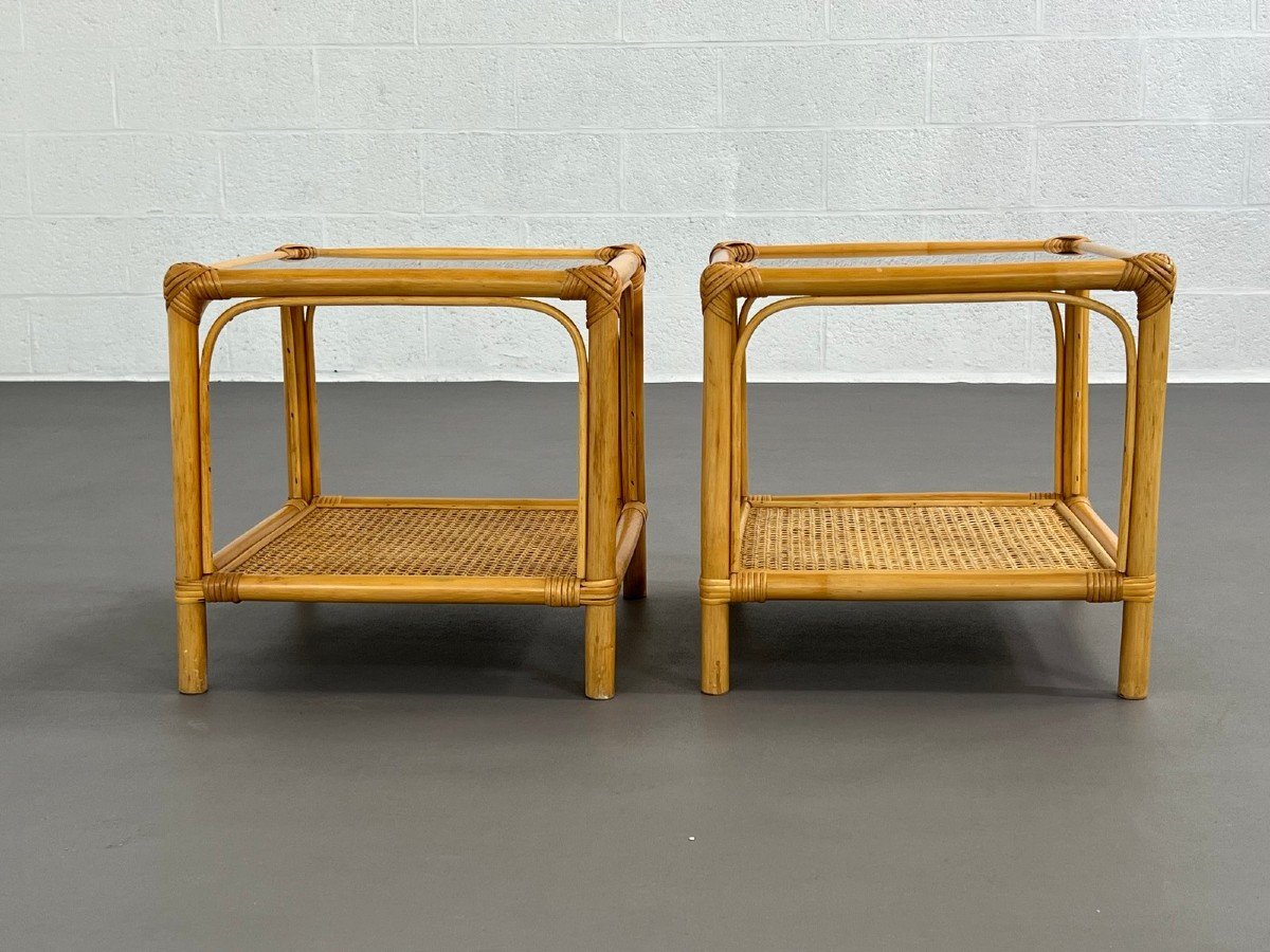 Tables De Bout En Rotin, Cannage Et Verre Fumé, 1960s, Set De 2-photo-6