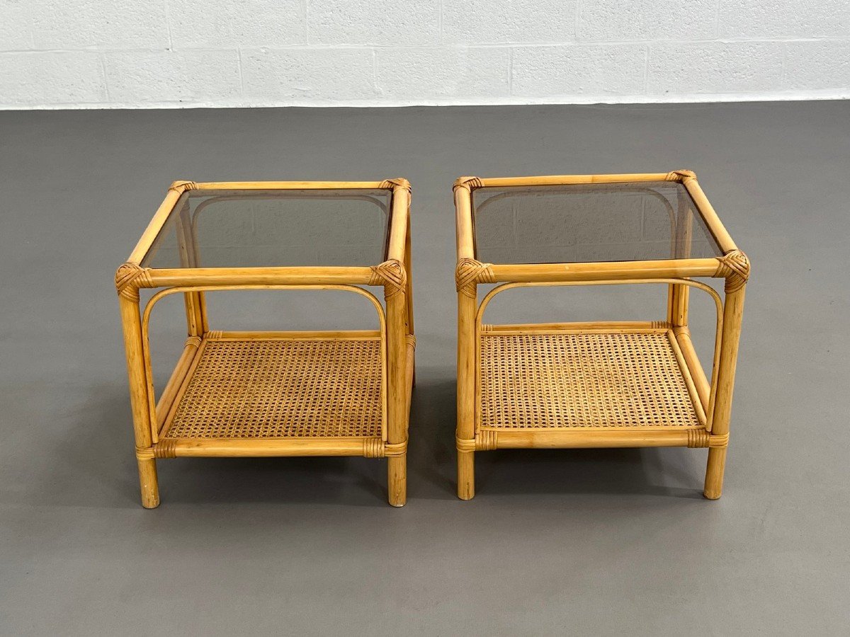 Tables De Bout En Rotin, Cannage Et Verre Fumé, 1960s, Set De 2