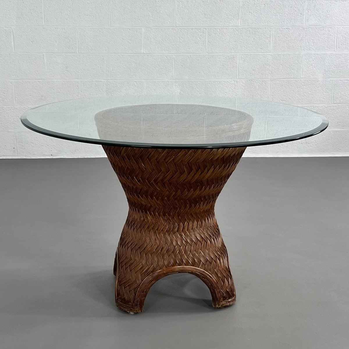 Table De Salle à Manger Ronde En Rotin Tissé Et Verre Biseauté, 1970s-photo-2