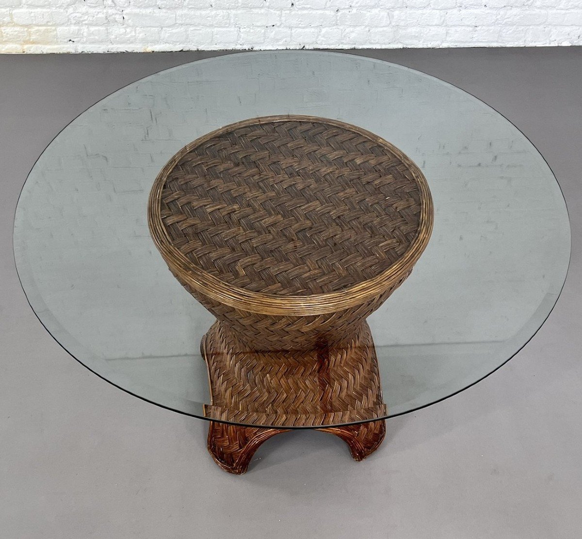 Table De Salle à Manger Ronde En Rotin Tissé Et Verre Biseauté, 1970s-photo-3