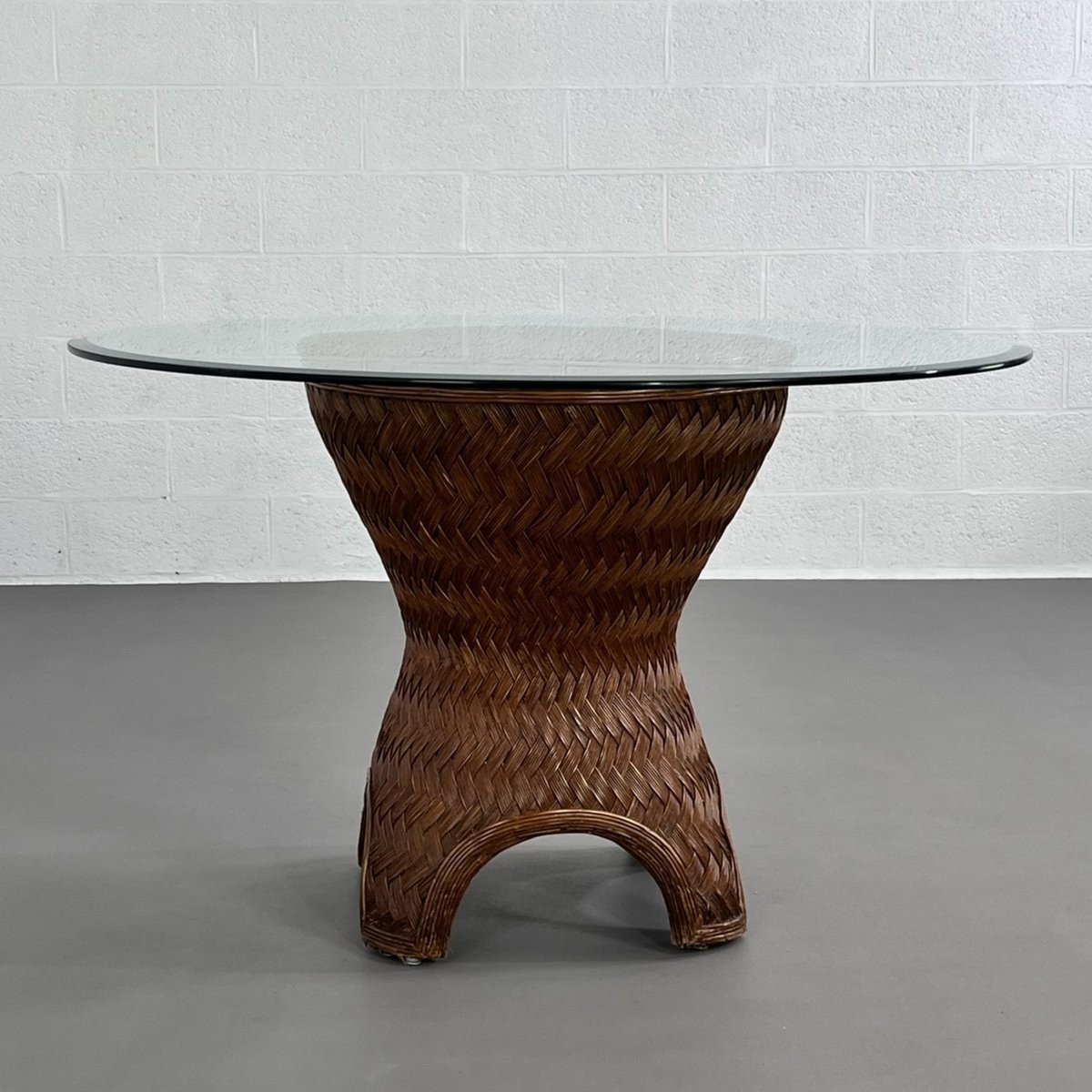 Table De Salle à Manger Ronde En Rotin Tissé Et Verre Biseauté, 1970s-photo-8