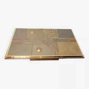 70s Brutalist Coffee Table In Brass, Bronze And Stone
