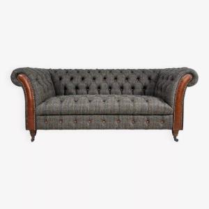 Chesterfield Sofa In Wood, Tweed And Leather