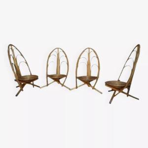 Set Of 4 Rattan And Wood Armchairs