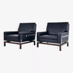 Pair Of 50s - 60s Armchairs In Faux Leather, Wood And Chrome