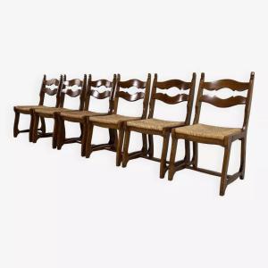 Lot De 6 Chaises Des Années 50 En Bois Et Paille