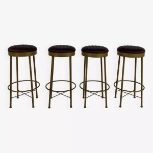 Set Of 4 Leather And Metal Bar Stools