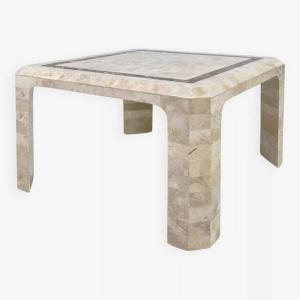 70s - 80s Square Coffee Table In Stone And Brass Marquetry