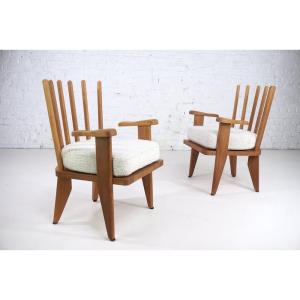 Oak And Fabric Dining Chairs Attributed To Guillerme Et Chambron