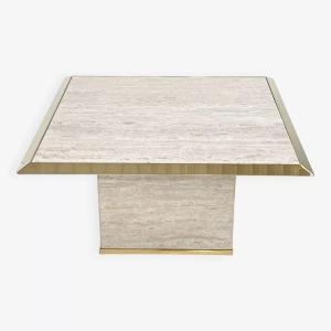 70s Square Coffee Table In Travertine And Brass