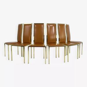 Set Of 6 Brass And Leather Chairs Italian Design From The 70s By Renato Zevi