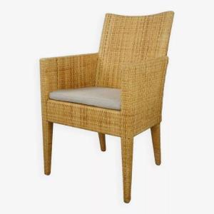 Bridge Type Armchair In Wood And Woven Rattan